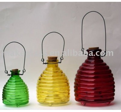 3 size hanging glass bee catcher with cork stopper, colored glass wasp trap