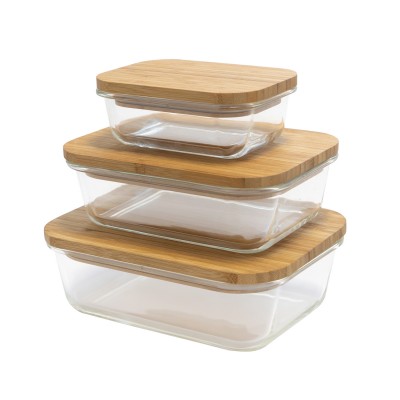 Eco-friendly glass food storage box bamboo wood lid glass container with bamboo lid